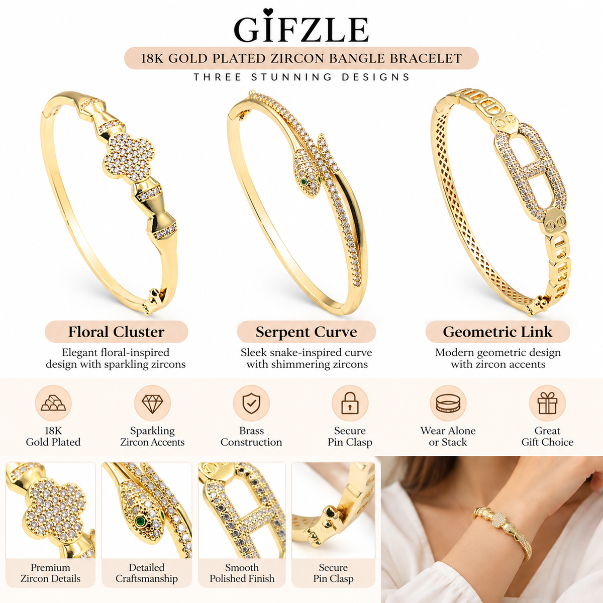 A promotional product graphic for a gold-plated zircon bangle bracelet by GIZFLE, showing three bracelet designs: Floral Cluster, Serpent Curve, and Geometric Link. The image includes close-up views of the bracelets, feature icons, and a small lifestyle inset of a person wearing the bracelet.
