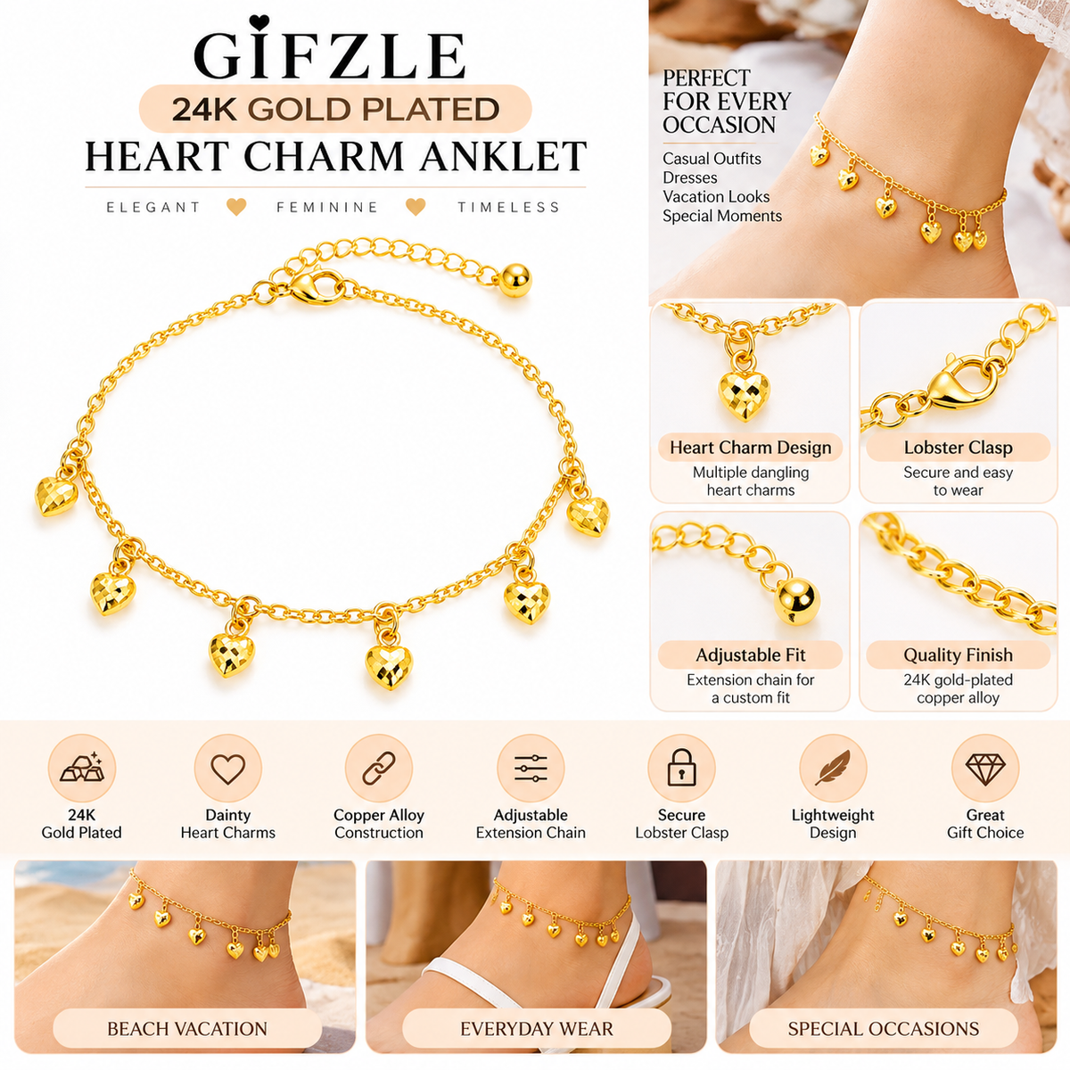 Gold heart charm anklet shown on a model's ankle, with product text and feature callouts around it. The anklet has multiple small dangling heart charms and a lobster clasp, presented on a light beige background with promotional copy for GIZFLE.