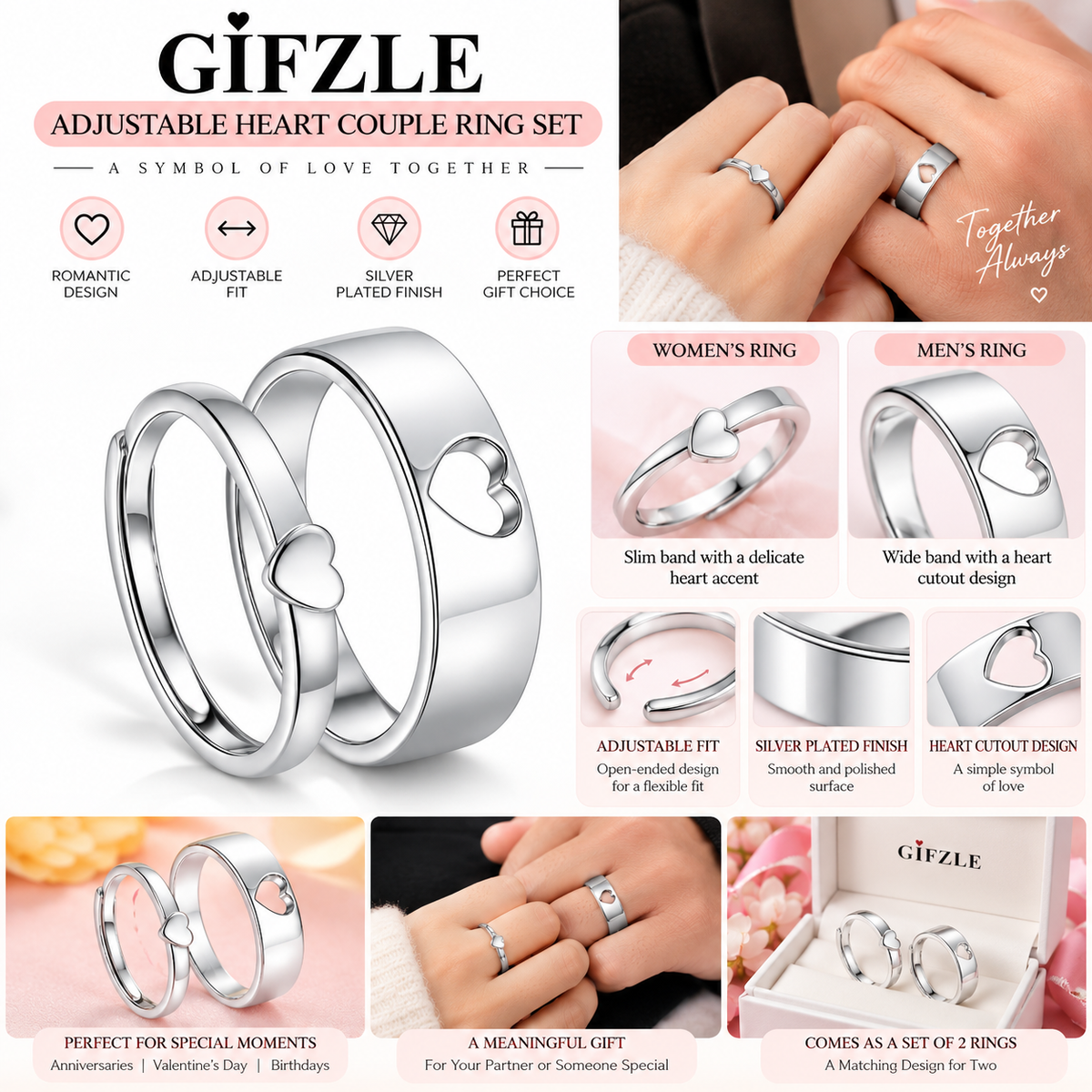 Gifzle silver-plated adjustable heart couple ring set with slim heart accent and wide heart cutout designs