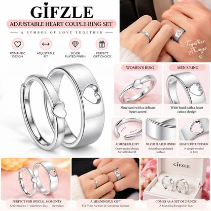 Gifzle silver-plated adjustable heart couple ring set with slim heart accent and wide heart cutout designs