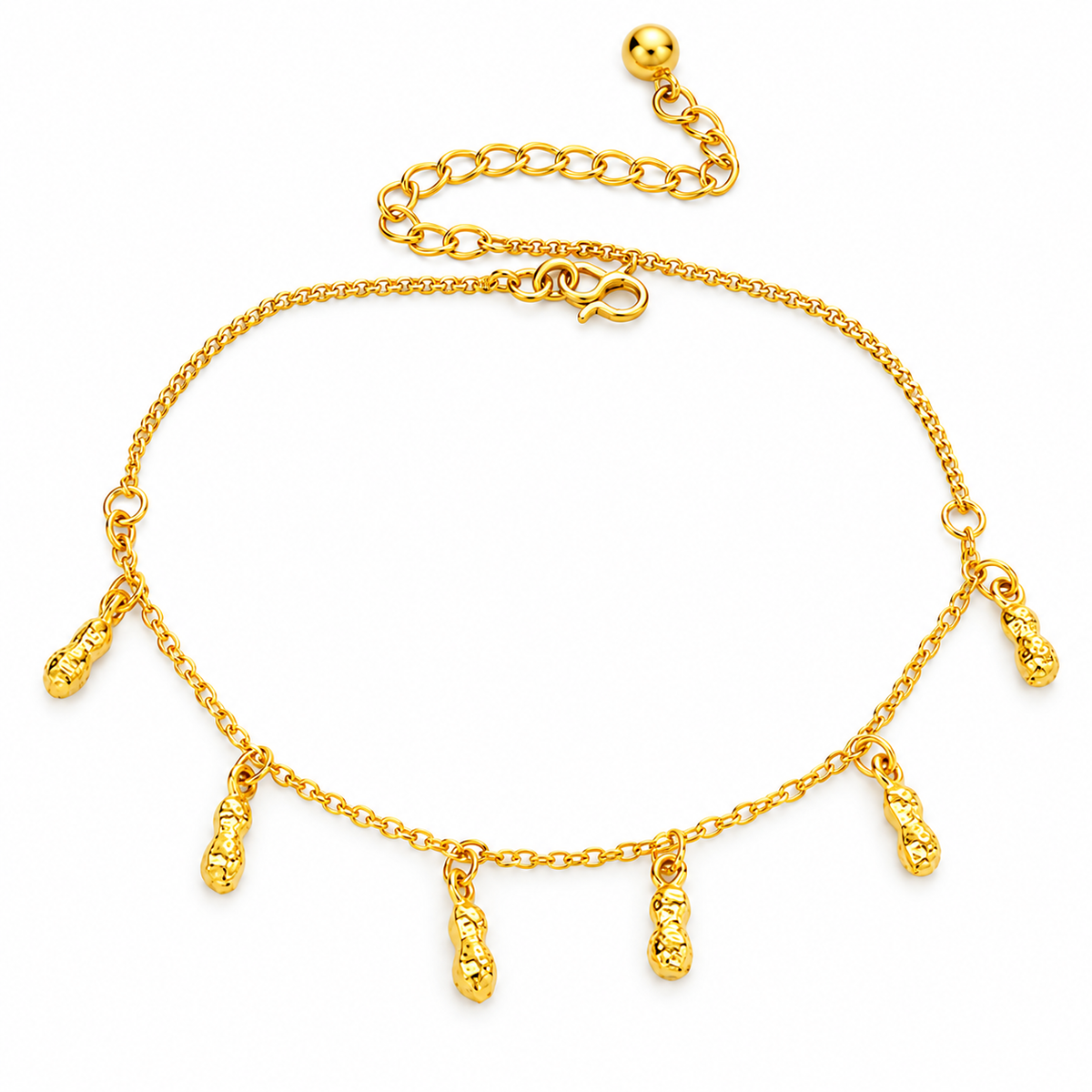 A gold chain anklet featuring five dangling textured cylindrical charms, displayed on a clean white background.