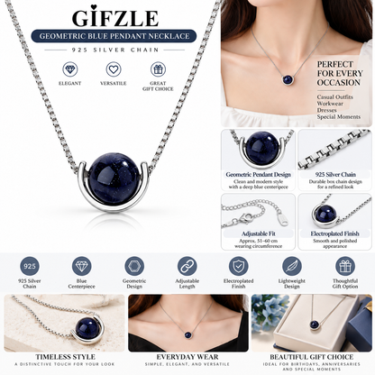 A promotional collage for a Gifzle geometric blue pendant necklace. The main panel shows a close-up of the necklace with a large oval deep blue gemstone on a silver chain.
