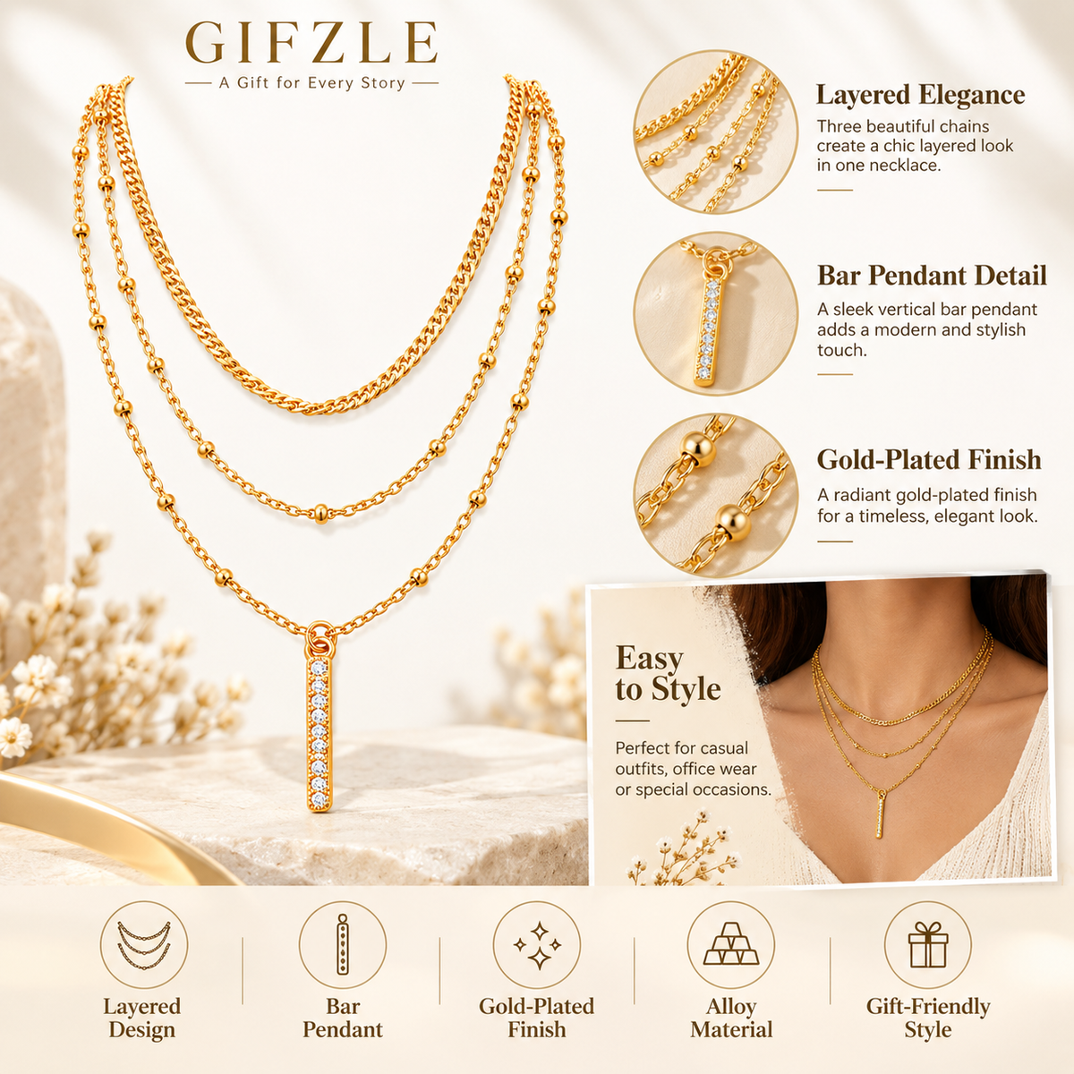 Gold-plated layered necklace with a bar pendant, shown on a model with product feature callouts and icons from GIZFLE.