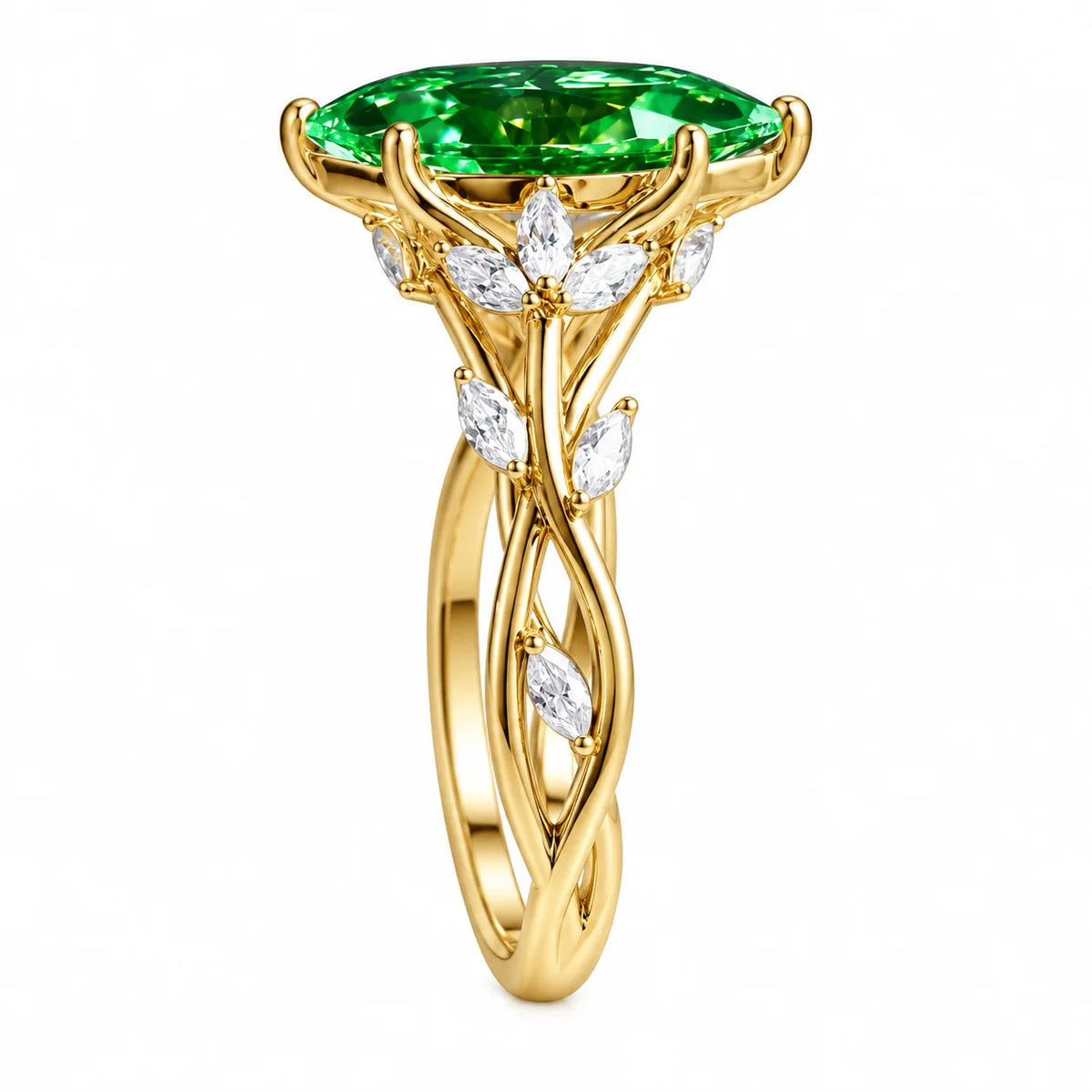 A yellow gold ring featuring a large oval-cut green emerald gemstone in a leaf-like crown setting, accented with marquise-cut clear stones along the twisted band, shown on a plain white background.
