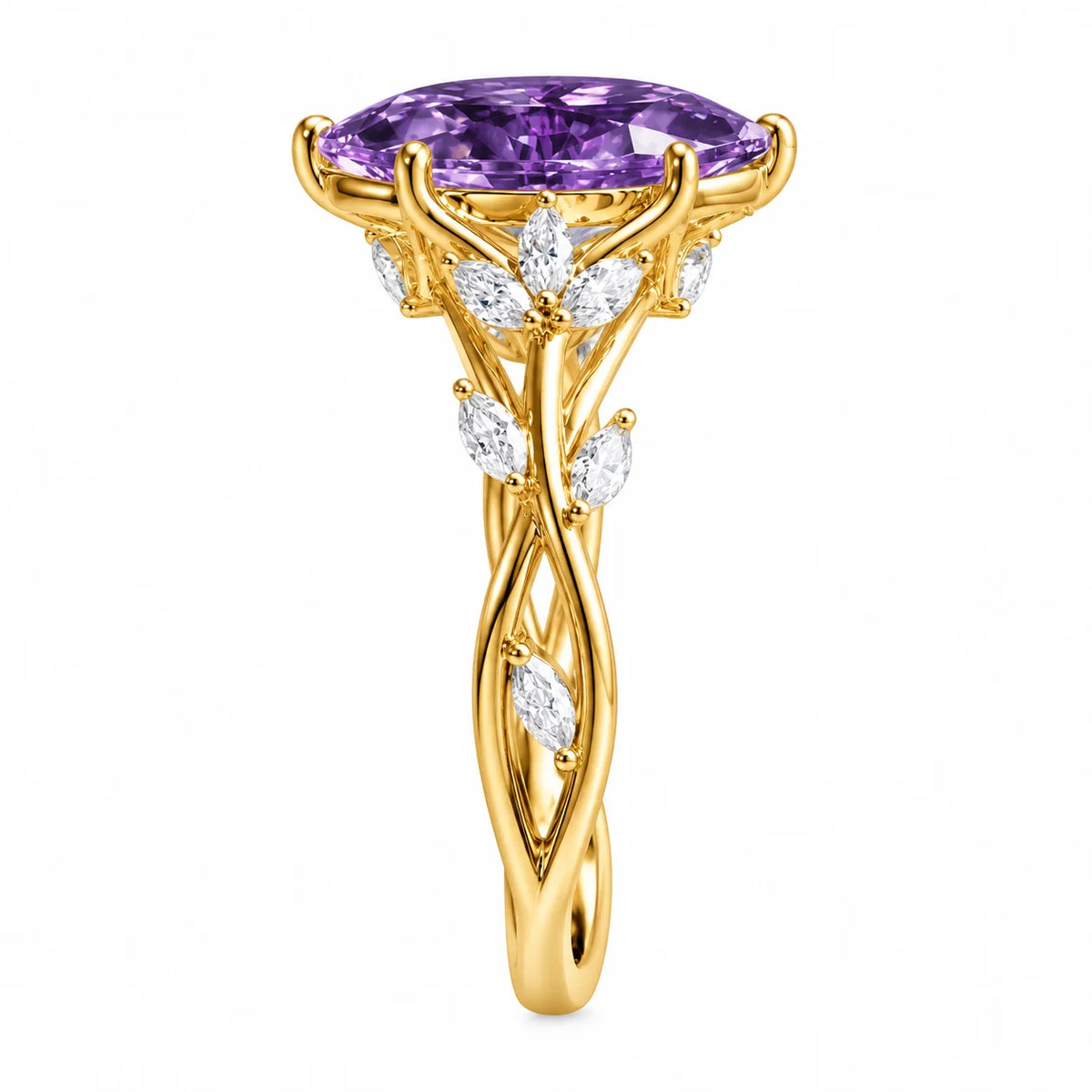 A yellow gold ring featuring a large oval-cut purple amethyst center stone, with delicate leaf-shaped clear diamonds set along the twisted band, shown on a plain white background.