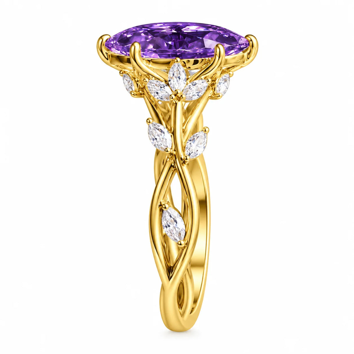 A yellow gold ring featuring a large oval-cut purple amethyst gemstone, with leaf-shaped clear stones and an intertwined vine-like band design, shown on a plain white background.