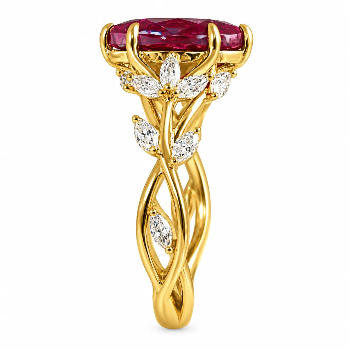 A yellow gold ring featuring a large rectangular ruby gemstone at the top, with leaf-shaped diamond accents and an intertwined twisted band design below, shown on a plain white background.